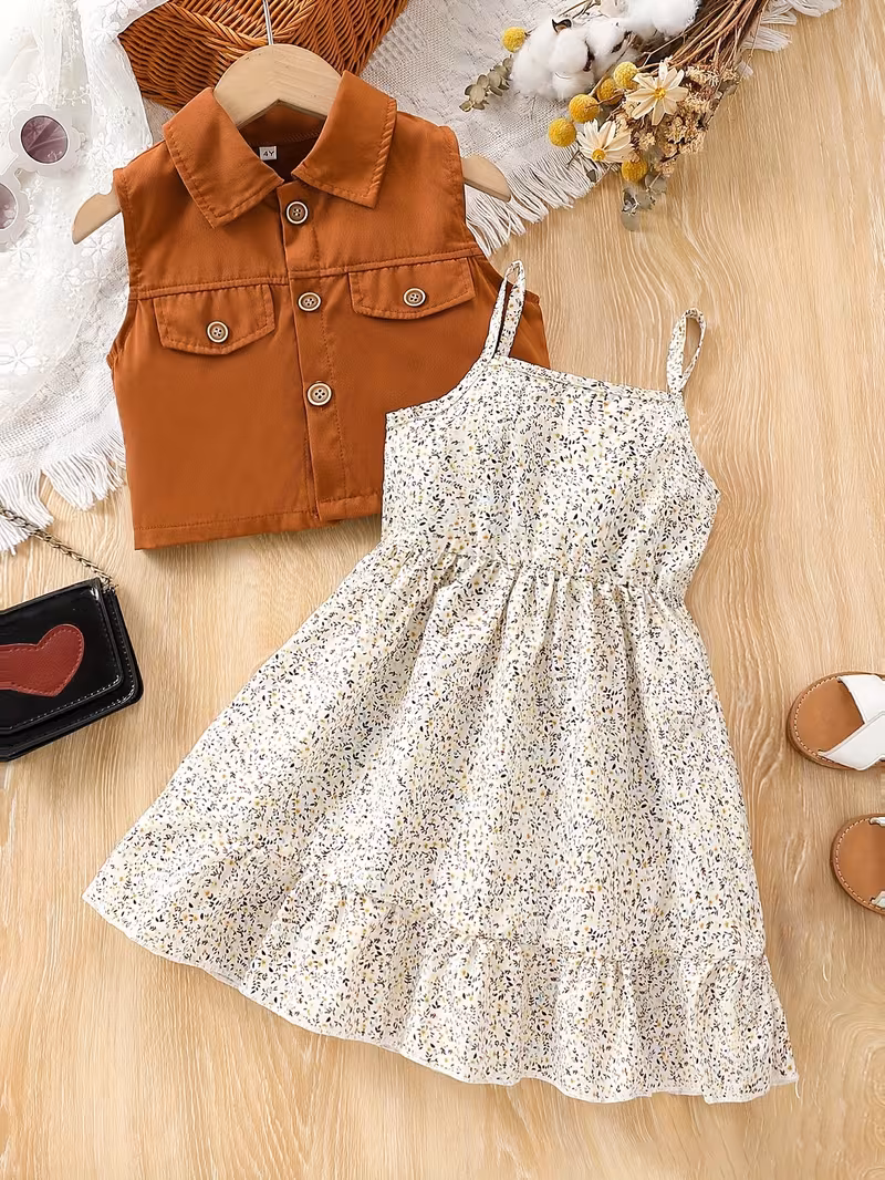 Conjunto para Niña con Vestido Floral y Chaleco